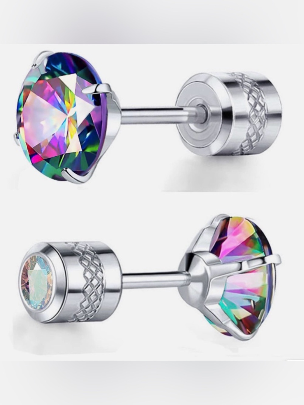 A PAIR Silver Prong Set Colorful CZ Stud Earrings Screw Back Surgical Steel Gift